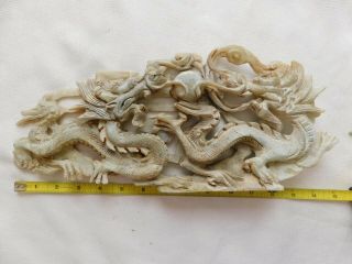 Big Antique Chinese Hand Carved Stone 2 Dragons And Ball Figurine 15x6 "