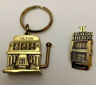 Vintage Las Vegas Hilton Gold Plated Slot Machine Key Ring 1 Arm Bandit,  Pin
