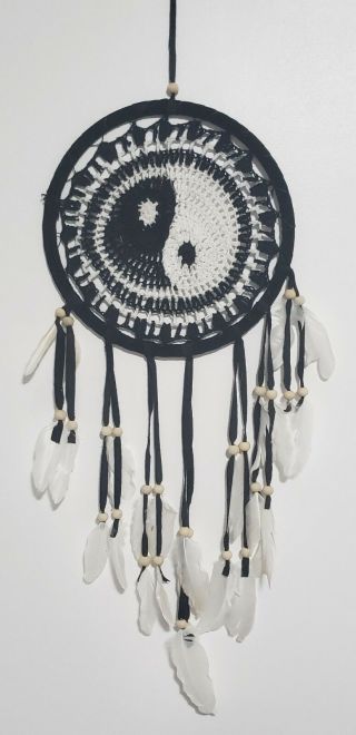Ying Yang 22 " Dream Catcher White Feathers Hanging Home Decor Ornament Hand Knit