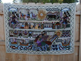 Hand Embroidered Peru Peruvian Wool Tapestry Wall Hanging Young Lovers Marriage