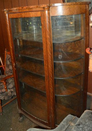 Vintage Oak Curved Glass China Cabinet 3