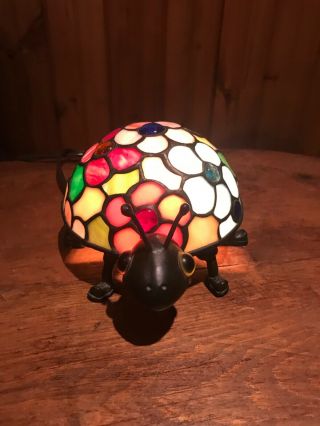 Tiffany Style Stained Glass Turtle Lamp Cast Iron Night Light Table Desk