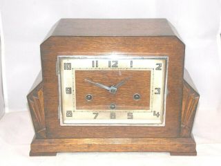Vintage 8day Art Deco Oak Wooden Case Westminster Chime Mantle Clock By Haller.
