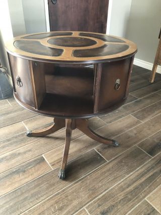 Vintage Round Leather Top Inlay Mahogany Drum Table $350