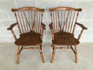 Ethan Allen Windsor Brace Back Nutmeg Dining Arm Chairs - A Pair (10 - 6020a)