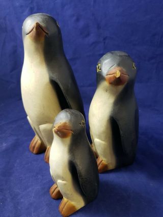 3 Vintage Hand Carved Wood Folk Art Penguin Family Sculptures (d2)
