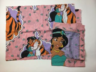 Vintage Disney Aladdin Princess Jasmine W/ Rajah Pink Twin Flat Sheet 90’s L3 - 1