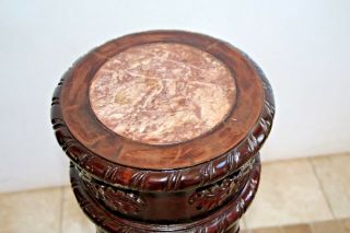 Tall Dark Wood And Pink Marble Top Round Plant Stand Foyer Console Entry Table