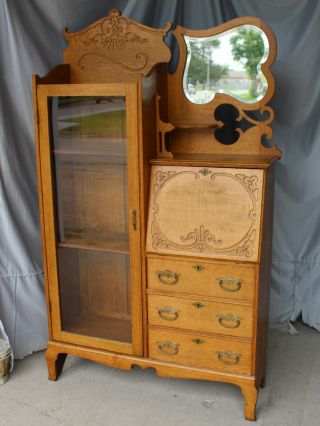 Antique Oak Side By Side Secretary Desk And Bookcase Cabinet