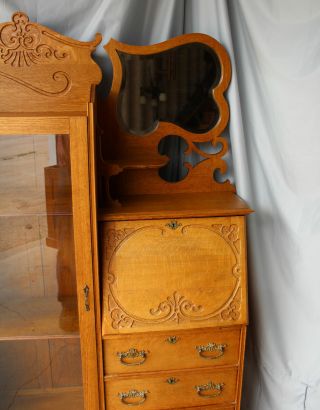 Antique Oak Side by Side Secretary Desk and Bookcase Cabinet 3