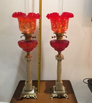 HUGE OIL LAMPS WITH HAND PAINTED GLASS SHADES & BACCARAT STYLE FONT 35” 2