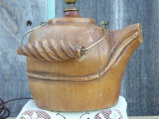 Vintage Teapot Lamp Solid Wood Hand Carved Monkey Pod Tea Pot Table Lamp