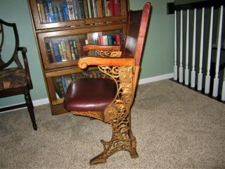 Antique Ornate Cast Iron Wood Upholstered Movie Seat Folding Home Theater Chair 3