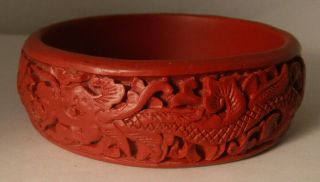 Vintage Carved Dragon Phoenix Red Cinnabar Chinese Asian Bangle Bracelet
