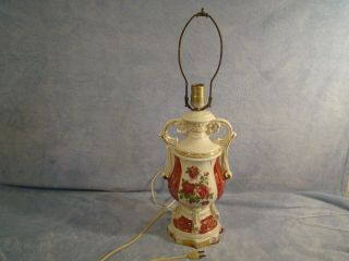 Vintage Worrall Signed Porcelain Table Lamp Roses Cranberry Red Marble Design