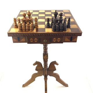 Antique Victorian Late 1800’s Inlaid Hand Turned Carved Chess Board Table