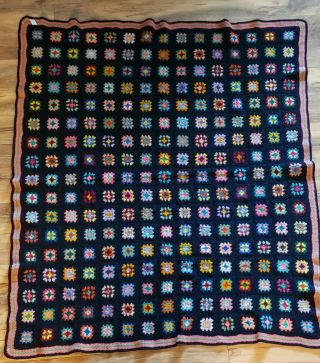 Vtg 48” X 55 " Granny Square Afghan Blanket Knit Crochet Black Multi Color