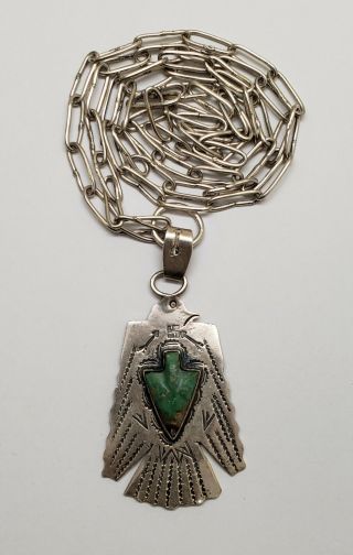 Vintage Navajo Thunderbird Whirling Log And Turquoise Silver Pendant Necklace