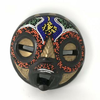 Vintage Wooden African Mask Inlaid Brass Micro Seed Beads Ghana Hand Made Carved