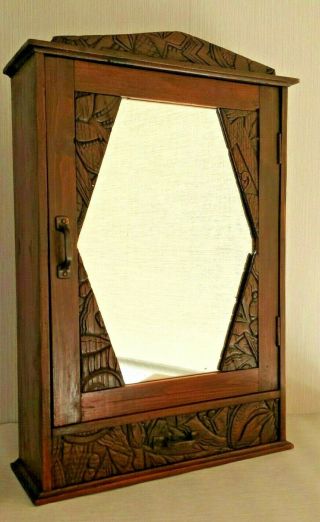 Vtg Antique Art Deco Kitchen Apothecary Bathroom Cabinet Mirror Carved Wood