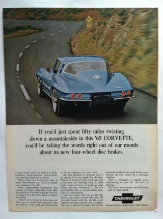 1965 Chevrolet Corvette Sting Ray Coupe 50 Miles Twisting Gm Vette Ad