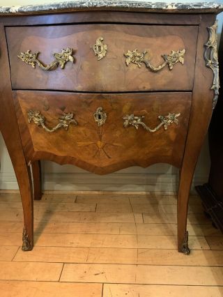 Antique Two Drawer Nightstand With Marble Top.  Ornate Handles.  So.  