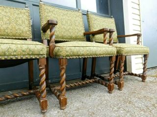 Set 4 Antique English Flemish Oak Barley Twist Dining Gothic Inc 2 Throne Chairs