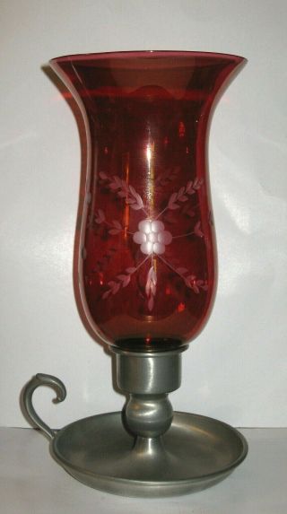 Vintage Ruby Red Etched Glass Hurricane Shade Candle Sconce Globe