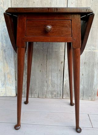 Antique American Country Pine Oval Drop Leaf 1 - Drawer Stand Table Pad Feet 1860