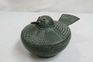 Mcm Japanese Red Eyed Round Green Bronze Over Silverplate Bird Box Eames Interes
