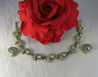 Vintage Green Rhinestone Gold Tone Necklace And Earrings Set Cat Rescue