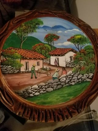 Hand Carved Painted Wood Wall Hanging Plaque Village Art Honduras