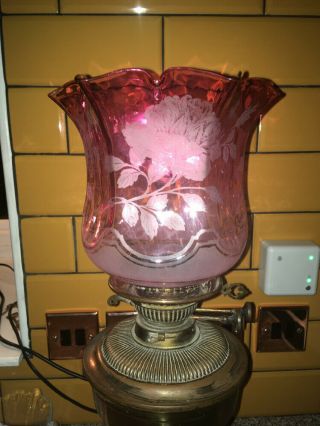 Antique English Duplex Rose Cranberry Glass Oil Lamp Shade