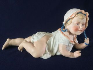 Antique Gebruder Heubach Bisque Crawling Piano Baby W/ Bonnet 12 " Figurine 436