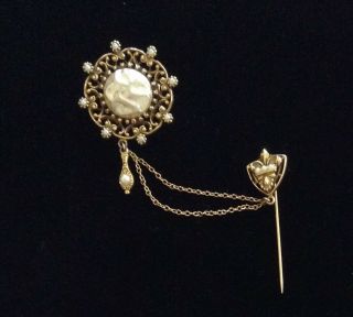 Vintage Gold Tone Faux Pearls Pin Brooch & Attached Fleur De Lis Stick Pin