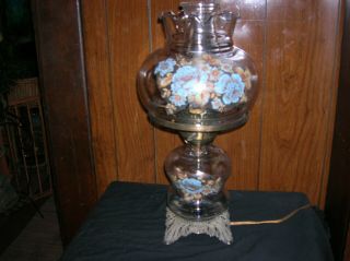 Vintage Clear Glass Hurricane Table Lamp Floral Design 3 Way Lighting