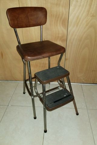 Vintage Cosco Step Stool Chair Pull Out Steps Mcm Brown And Chrome Retro
