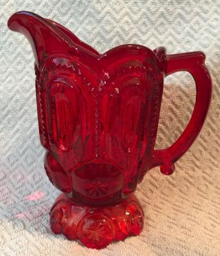 Moon And Stars Ruby Red 6” Small Pitcher L E Smith Vintage Glass Depression