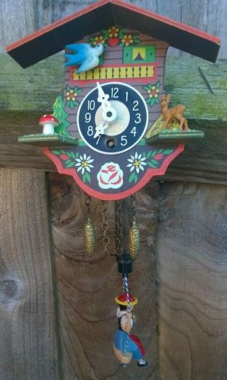 Vintage Miniature German Chalet Cuckoo Clock With Lady On Swing