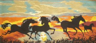 Vintage Completed Cotton Needlepoint Tapestry Running Horses 44 " X19.  6 "