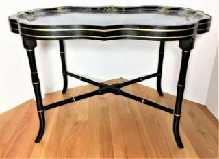 Mid Century Regency Black Lacquered Gold Gilt Chinoiserie Faux Bamboo Tole Table