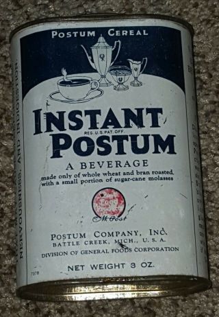 Antique Vintage Instant Postum 100 Cup Cereal Beverage Tin Can 8oz Battle Creek