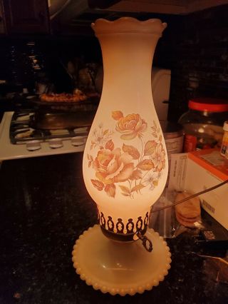 Vintage Milk Glass Hand Painted Floral Design Electric Hurricane Lamp