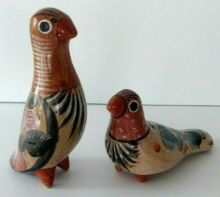 Set Of 2 Vintage Tonala Pottery Mexican Birds Folk Art Dove Figurine Handpainted
