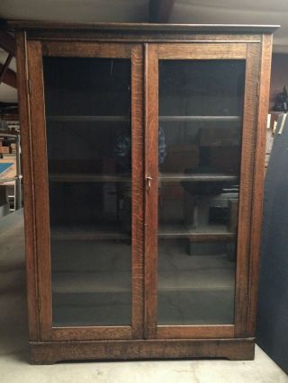 Antique Mission Style Oak Bookcase Cabinet With Glass Doors