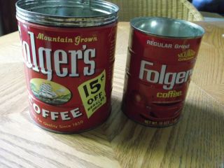 VINTAGE FOLGERS COFFEE CAN 2 LB TIN MOUNTAIN GROWN Copyright 1959 15 cents off 2