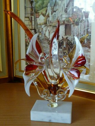 VINTAGE MURANO ART GLASS TWO BIRDS ON A BRANCH SCULPTURE ON A MARBLE BASE 3