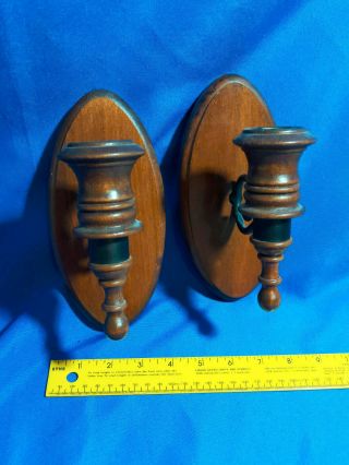 Pair Solid Wood Wall Sconce Candle Holder Lantern Vtg Black Metal Brass Ring