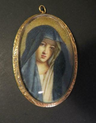 Antique Oval Hand Painted Oil Portrait Of Madonna Pendant Vermeil Frame