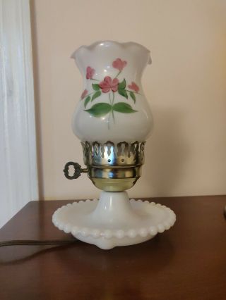 Vintage Milk Glass Hobnail Table Lamp Night Stand Light With Roses Globe